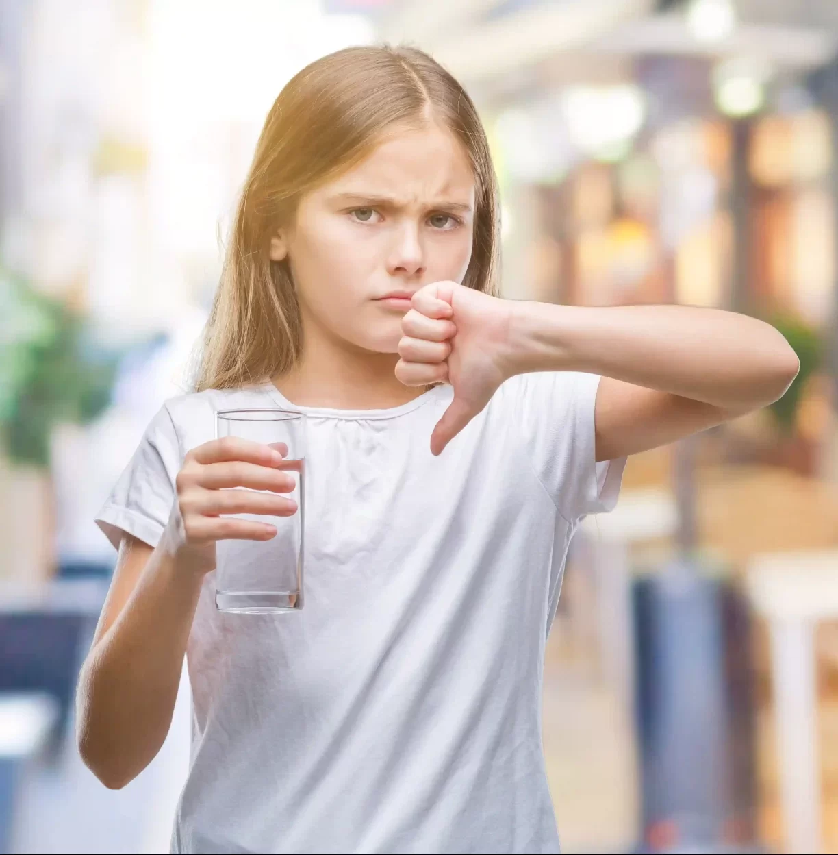 Malé dievča odsudzuje vodu v pohári.